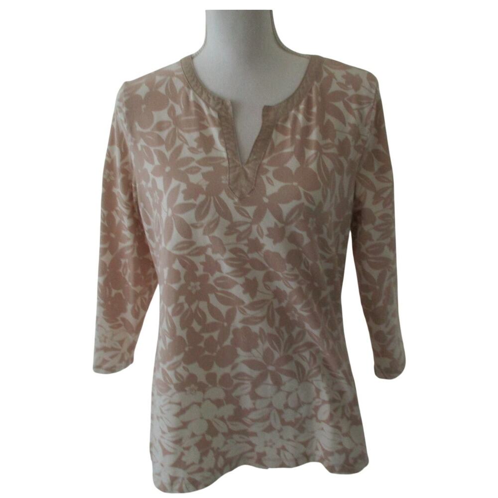 Charter Club Women's Tan & White Floral Print 3/4 Sleeve Stretch Shirt Size L.